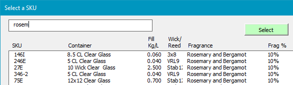 Production Planner Select SKU screen