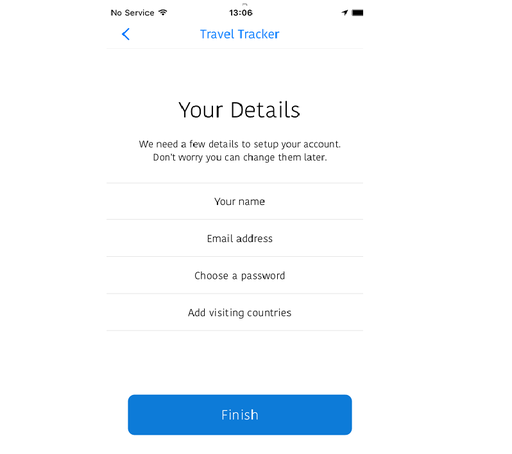 Travel Tracker Initial  set up screen